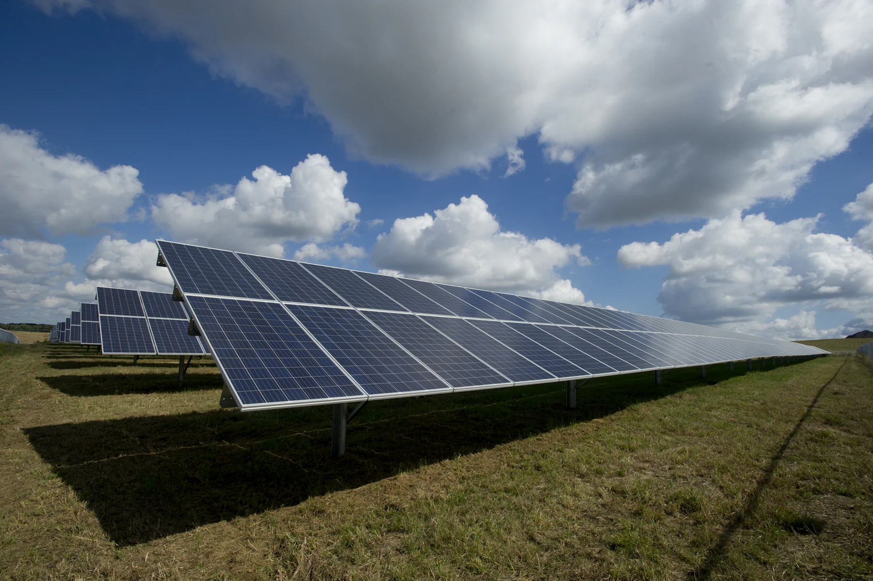 Painéis solares em fileiras sobre gramado, com nuvens ao fundo